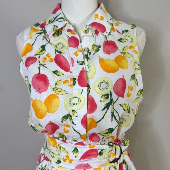 Cynthia Rowley Fruit Print Linen Blend Sleeveless Shirt Dress Belted Size 6 - Picture 2 of 13